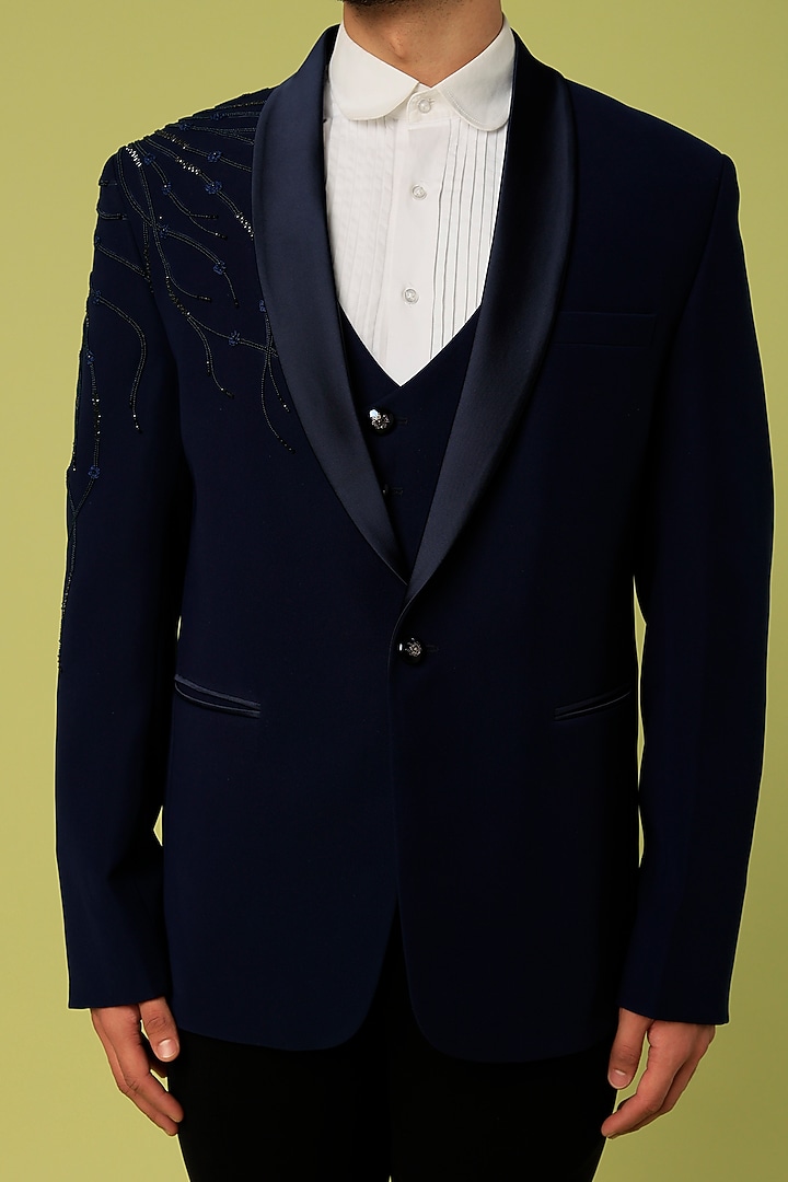 Navy Blue Suiting Tuxedo Set by Nero by Shaifali & Satya at Pernia's Pop Up Shop