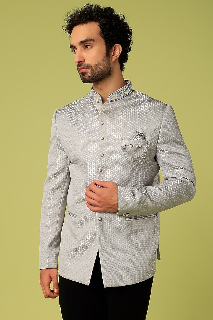Grey Jacquard Jodhpuri Set by Nero by Shaifali & Satya at Pernia's Pop Up Shop