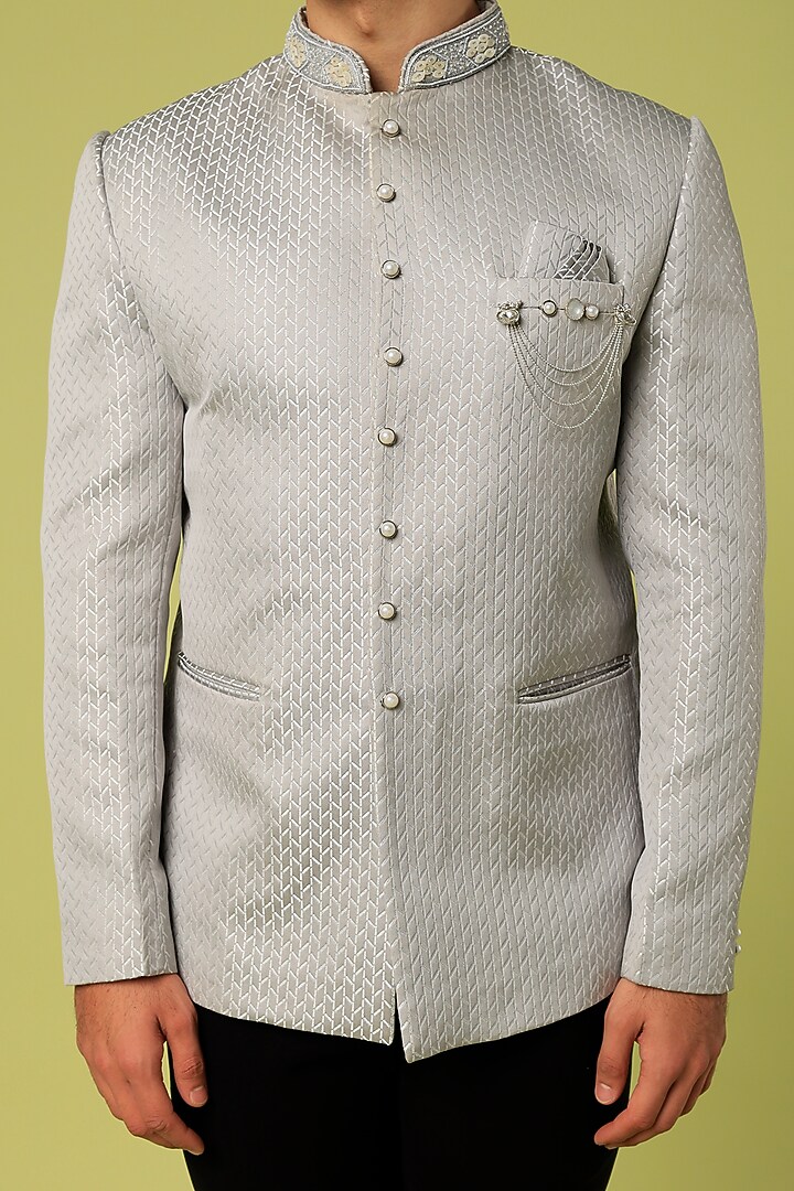 Grey Jacquard Jodhpuri Set by Nero by Shaifali & Satya at Pernia's Pop Up Shop