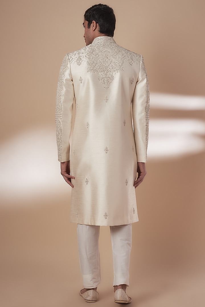 Cream Dupion Silk Hand Embroidered Wedding Sherwani Set by Nero by Shaifali & Satya at Pernia's Pop Up Shop
