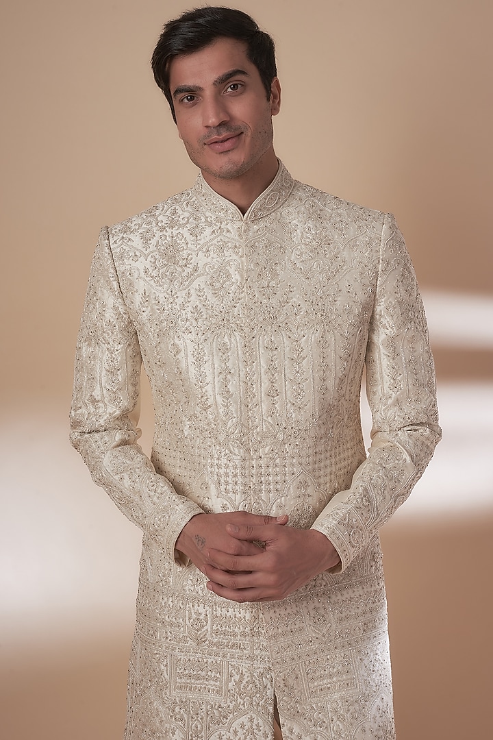 Cream Dupion Silk Hand Embroidered Wedding Sherwani Set by Nero by Shaifali & Satya at Pernia's Pop Up Shop