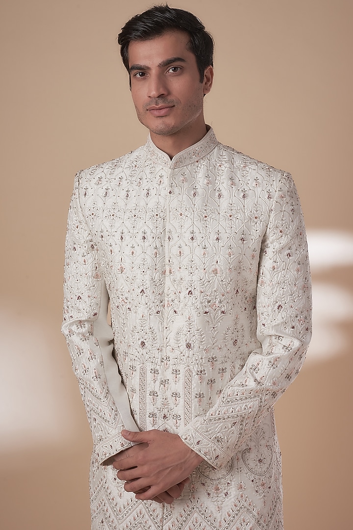 Ivory Dupion Silk Hand Embroidered Groom Sherwani Set by Nero by Shaifali & Satya at Pernia's Pop Up Shop