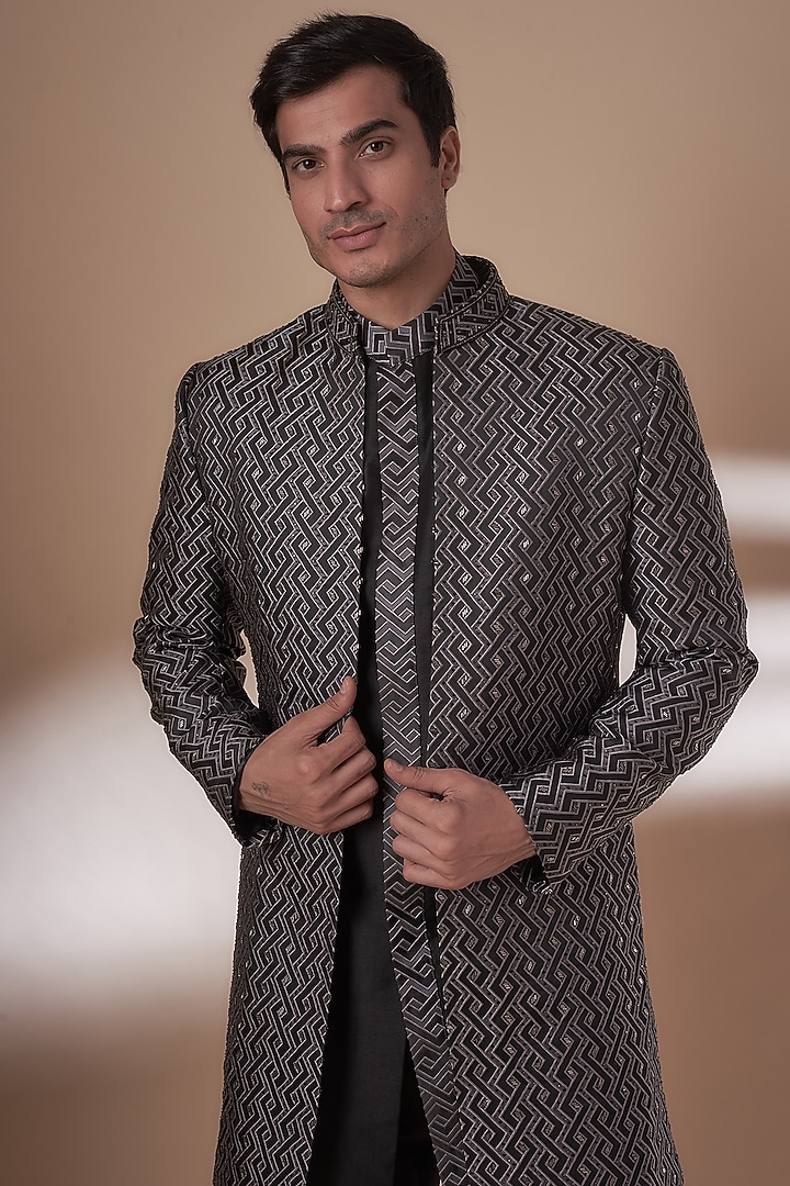 Black Jacquard Fabric Cutdana Hand Work Wedding Indowestern Set by Nero by Shaifali & Satya at Pernia's Pop Up Shop