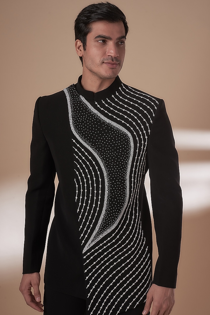 Black Boomario Fabric Hand Work Jodhpuri Set by Nero by Shaifali & Satya at Pernia's Pop Up Shop