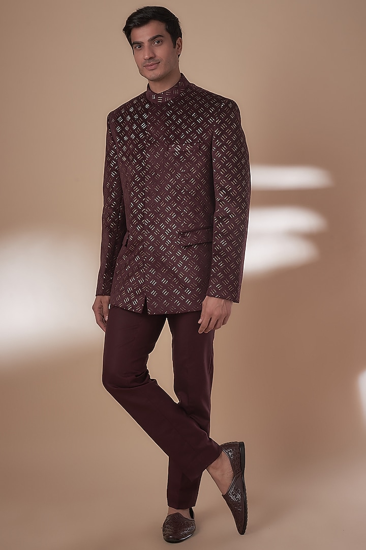 Wine Suede Jodhpuri Set by Nero by Shaifali & Satya