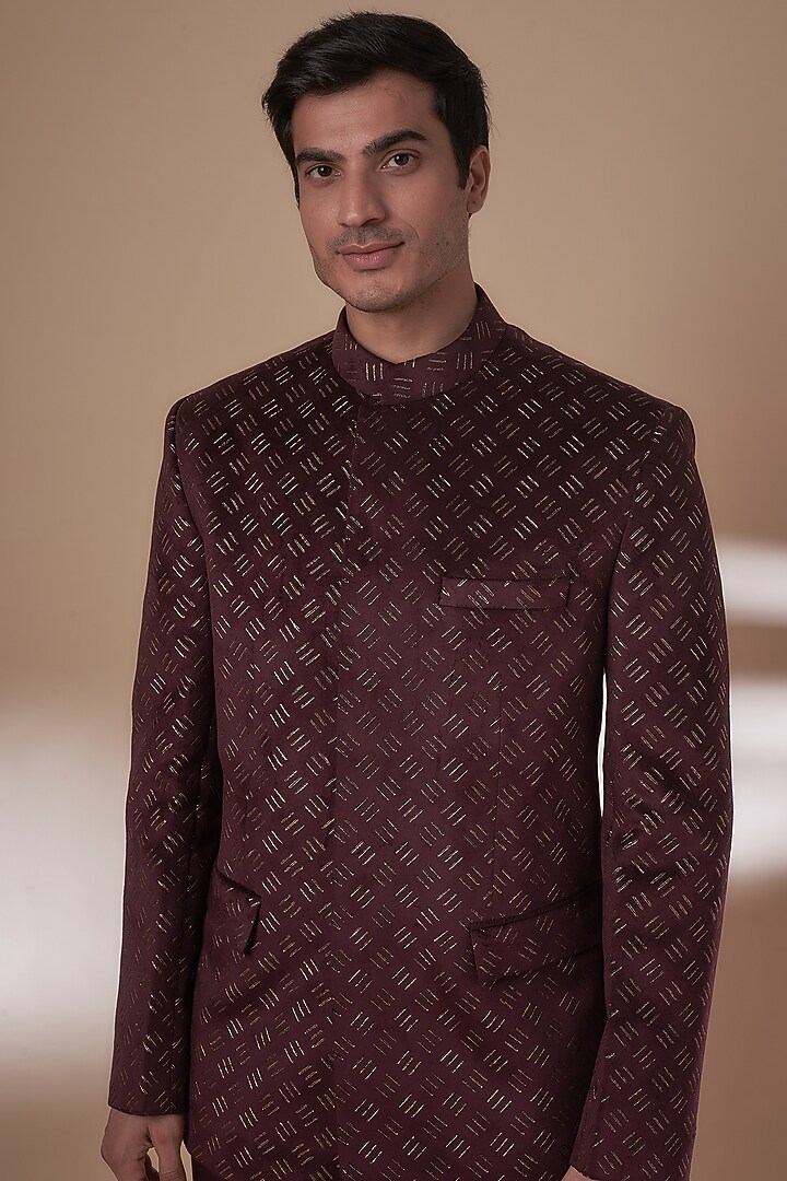 Wine Suede Jodhpuri Set by Nero by Shaifali & Satya at Pernia's Pop Up Shop