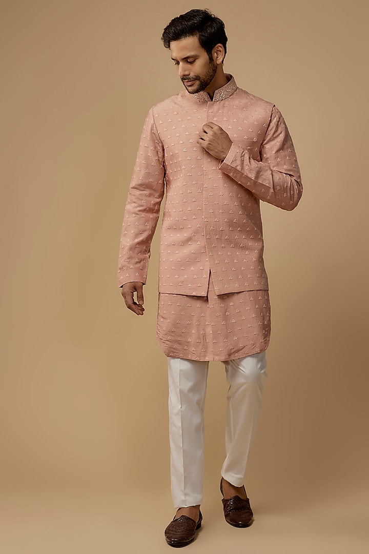 Onion Pink Silk Bundi Jacket Set by Nero by Shaifali & Satya