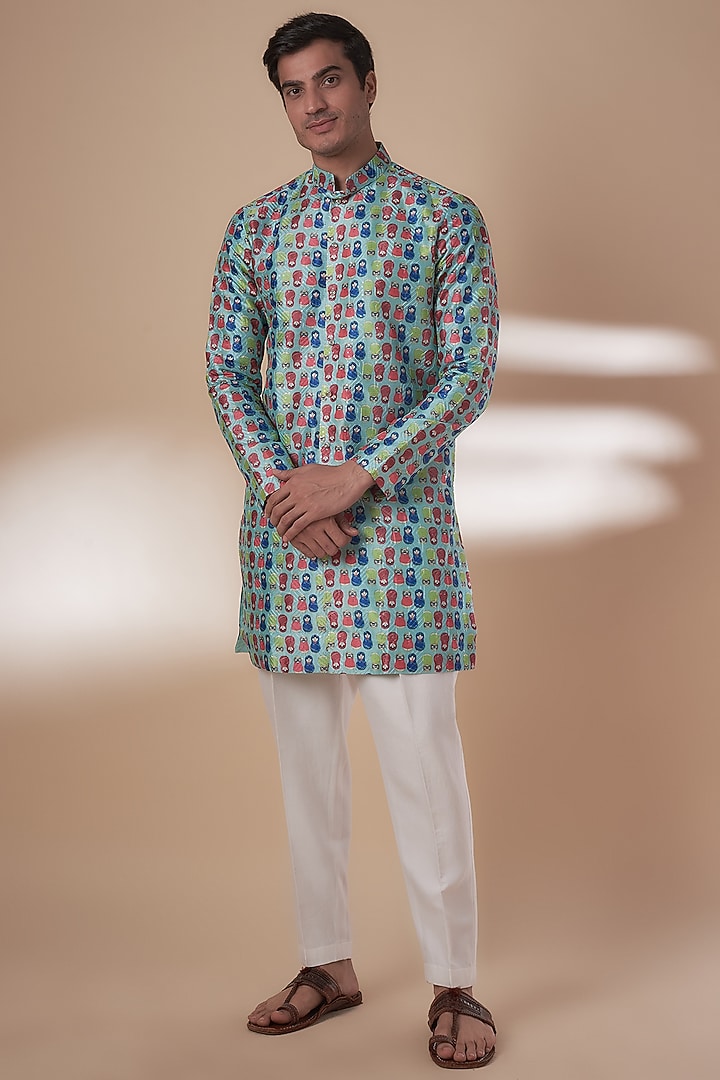 Blue Silk Digital Printed & Thread Embroidered Kurta Set by Nero By Shaifali & Satya at Pernia's Pop Up Shop