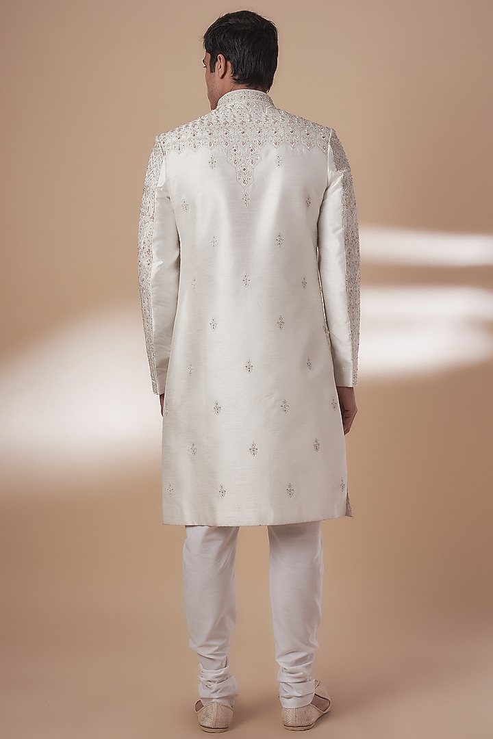 Cream Silk Hand Embroidered Groom Sherwani Set by Nero by Shaifali & Satya at Pernia's Pop Up Shop