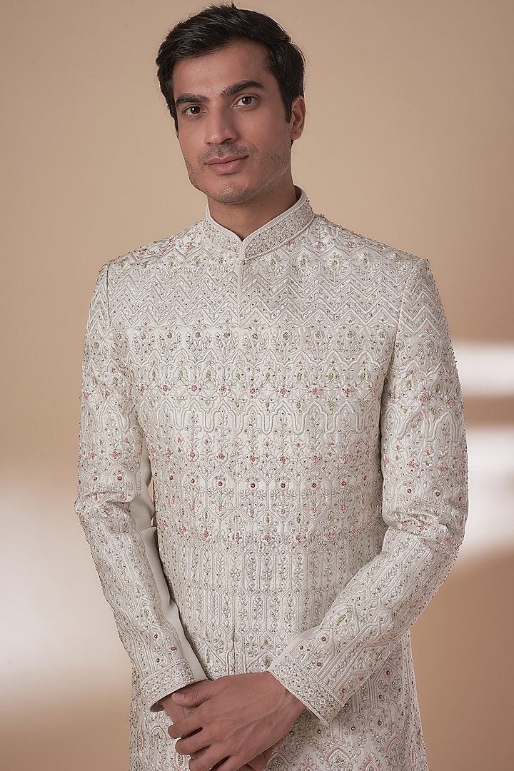 Cream Silk Hand Embroidered Groom Sherwani Set by Nero by Shaifali & Satya at Pernia's Pop Up Shop