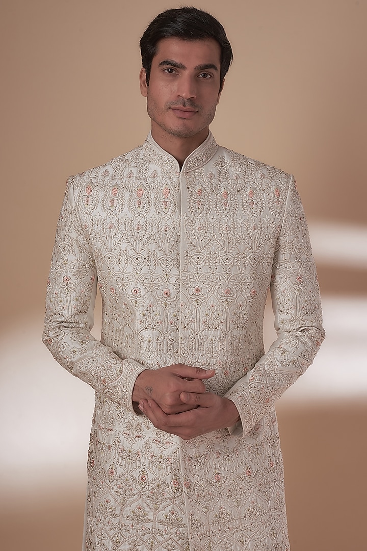 Cream Silk Hand Embroidered Wedding Sherwani Set by Nero by Shaifali & Satya at Pernia's Pop Up Shop