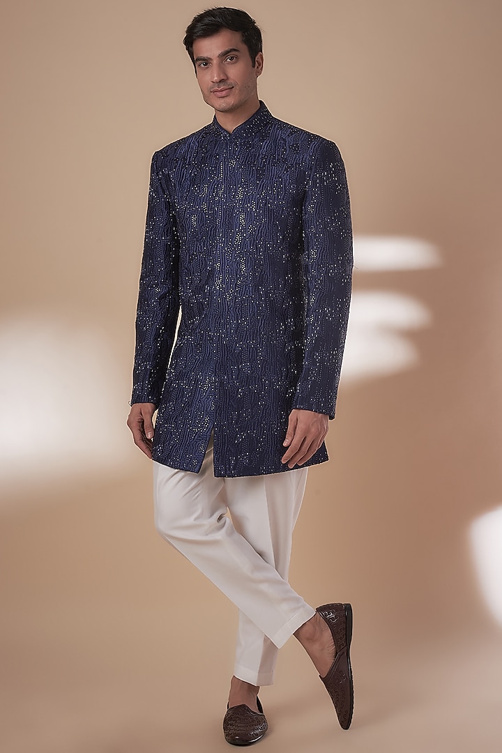 Navy Blue Silk Cutdana Embroidered Indowestern Set by Nero by Shaifali & Satya