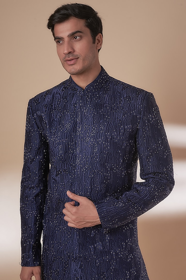 Navy Blue Silk Cutdana Embroidered Wedding Indowestern Set by Nero by Shaifali & Satya at Pernia's Pop Up Shop