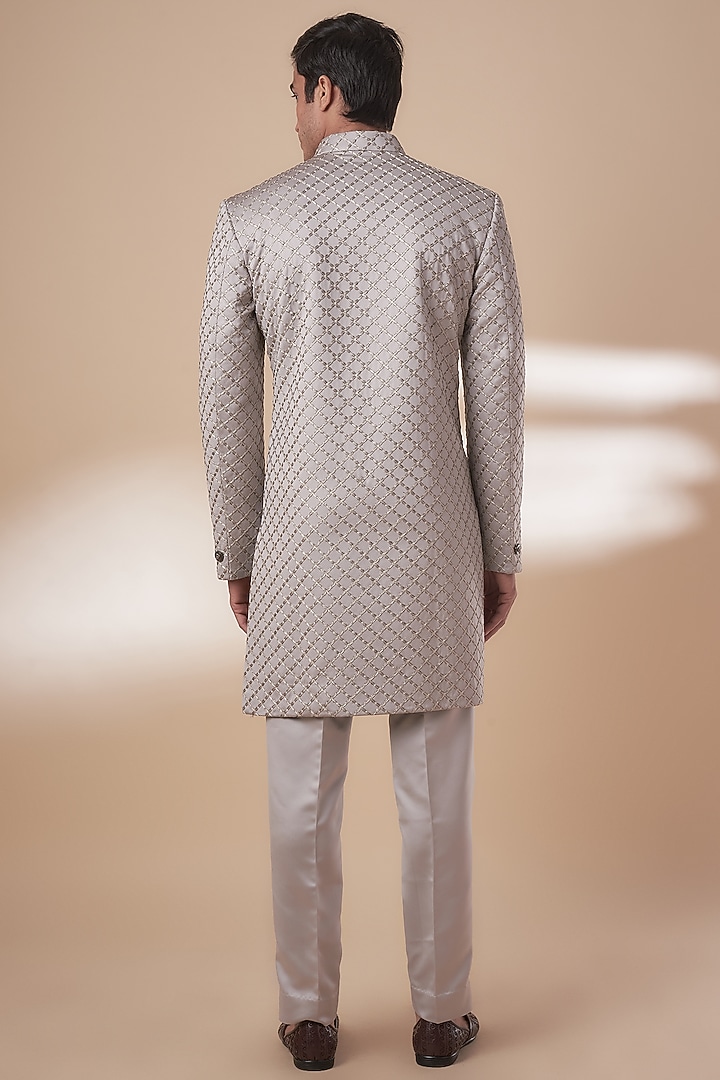 Grey Satin Silk Thread Embroidered Wedding Sherwani Set by Nero by Shaifali & Satya at Pernia's Pop Up Shop