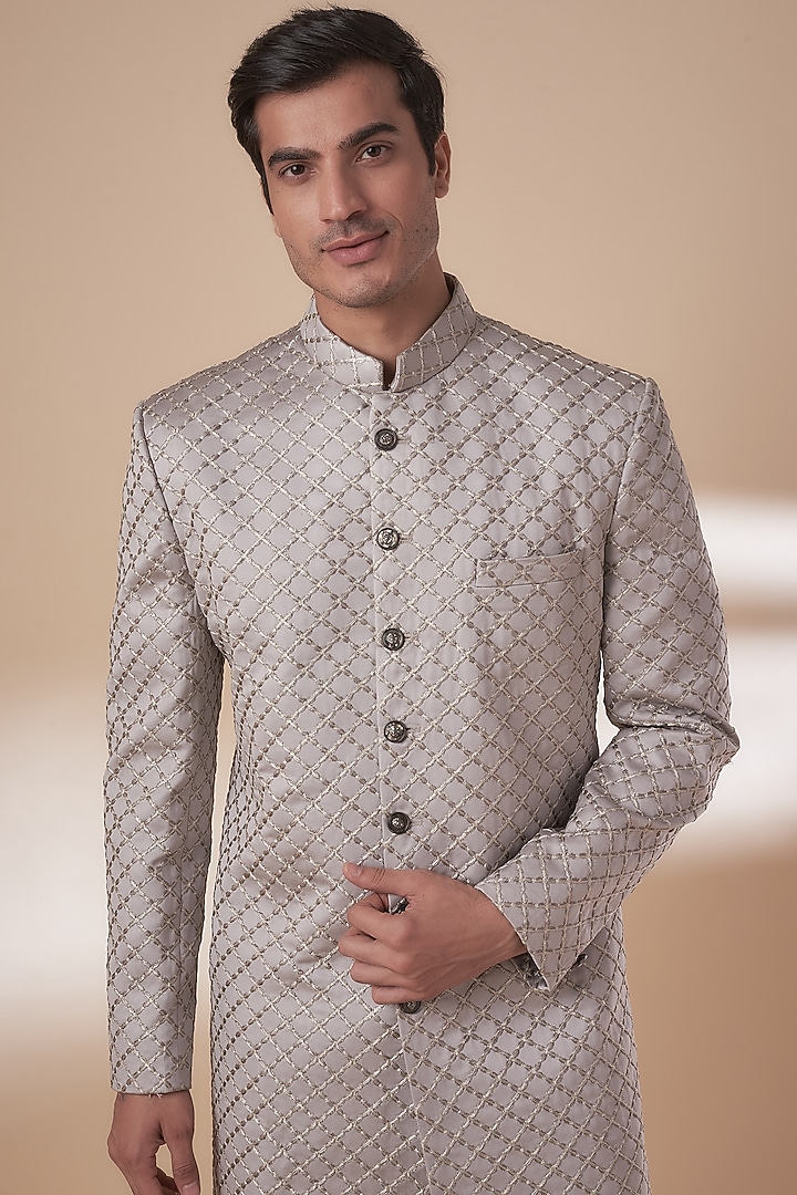 Grey Satin Silk Thread Embroidered Wedding Sherwani Set by Nero by Shaifali & Satya at Pernia's Pop Up Shop