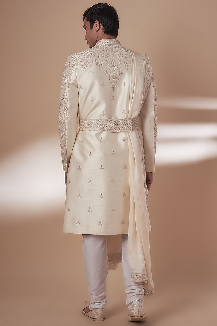 Cream Silk Hand Embroidered Groom Sherwani Set by Nero by Shaifali & Satya at Pernia's Pop Up Shop