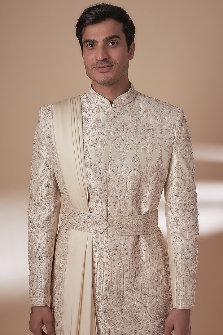 Cream Silk Hand Embroidered Groom Sherwani Set by Nero by Shaifali & Satya at Pernia's Pop Up Shop