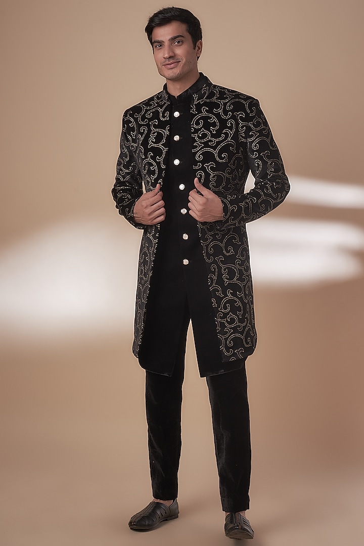 Black Velvet Embroidered Indowestern Set by Nero by Shaifali & Satya