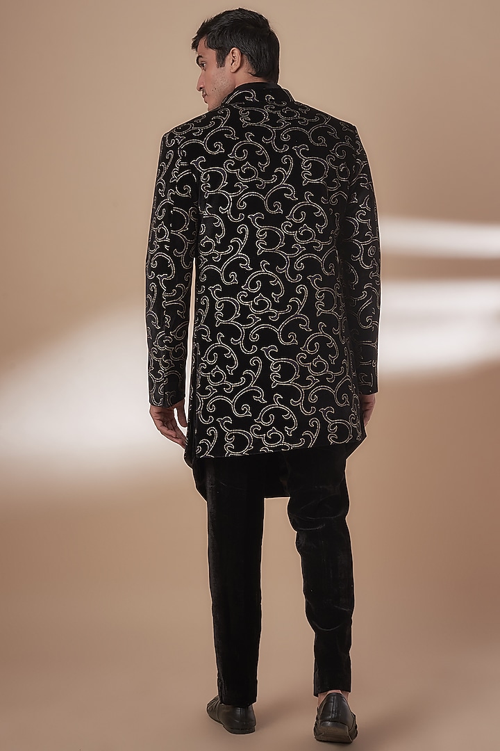 Black Velvet Embroidered Wedding Indowestern Set by Nero by Shaifali & Satya at Pernia's Pop Up Shop