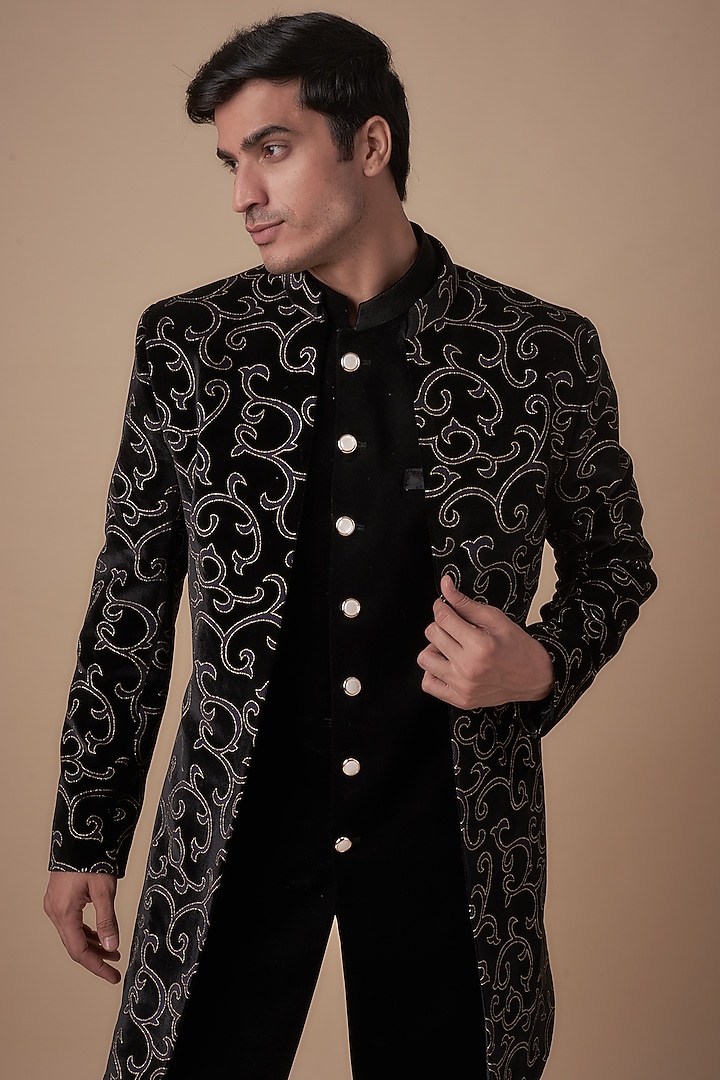 Black Velvet Embroidered Wedding Indowestern Set by Nero by Shaifali & Satya at Pernia's Pop Up Shop