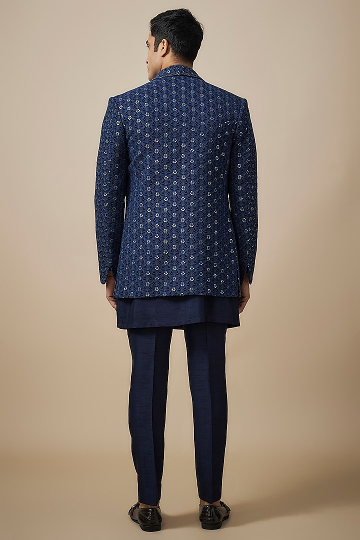 Blue Lucknowi Cutdana Embroidered Wedding Indowestern Set by Nero By Shaifali & Satya at Pernia's Pop Up Shop