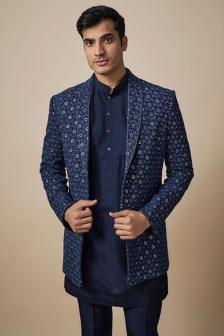 Blue Lucknowi Cutdana Embroidered Wedding Indowestern Set by Nero By Shaifali & Satya at Pernia's Pop Up Shop