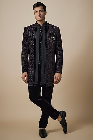 Black Lucknowi Machine Embroidered Indowestern Set by Nero By Shaifali & Satya