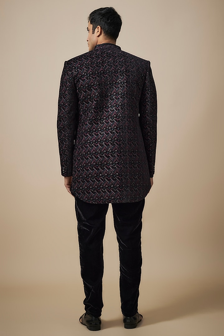 Black Lucknowi Machine Embroidered Wedding Indowestern Set by Nero By Shaifali & Satya at Pernia's Pop Up Shop