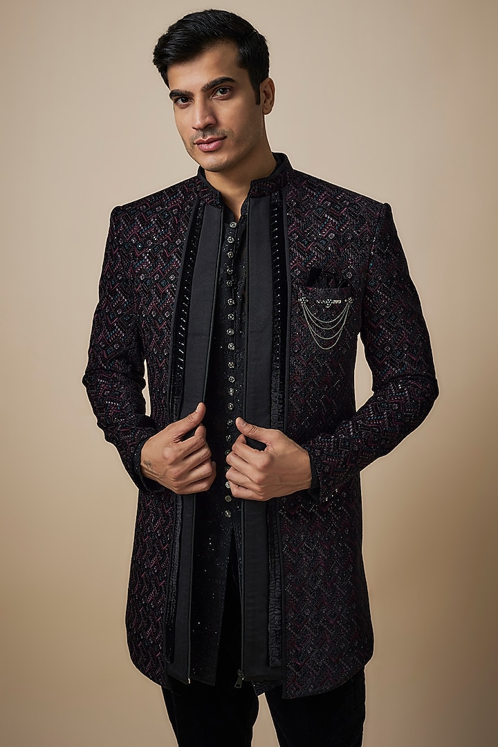 Black Lucknowi Machine Embroidered Wedding Indowestern Set by Nero By Shaifali & Satya at Pernia's Pop Up Shop