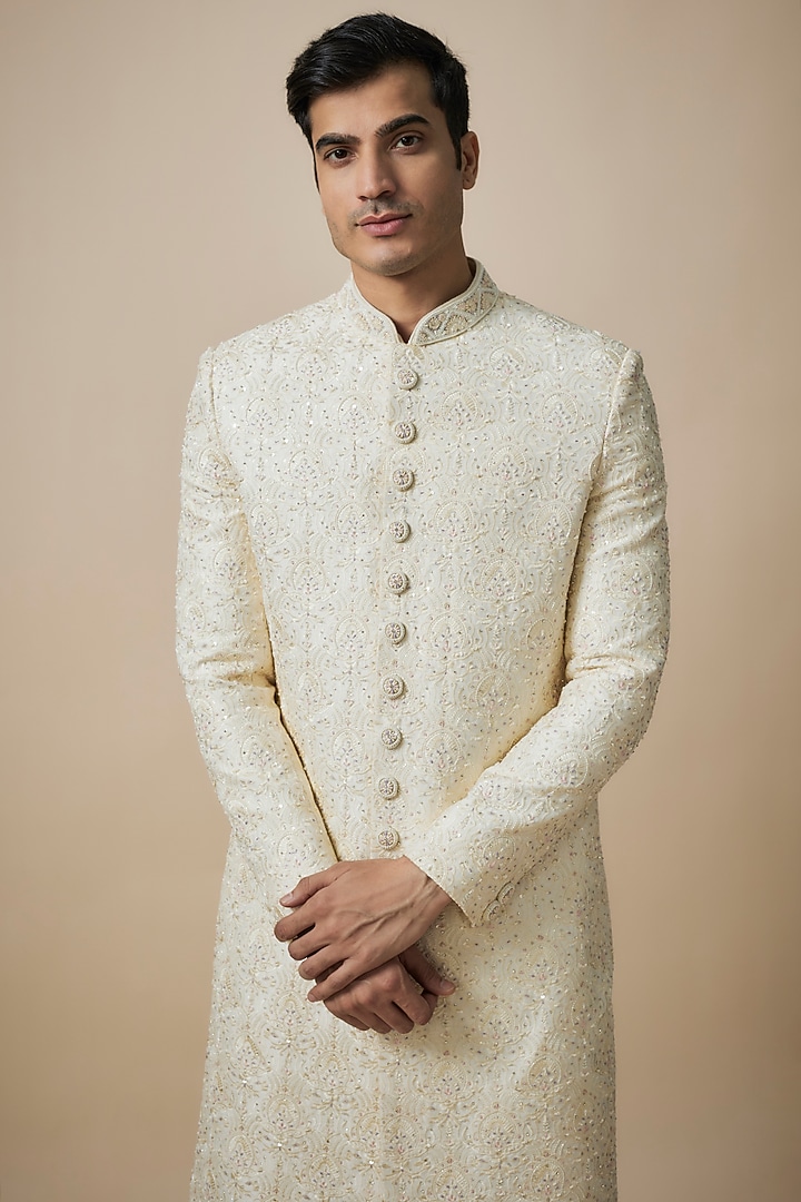 Ivory Silk Hand & Machine Embroidered Wedding Sherwani Set by Nero By Shaifali & Satya at Pernia's Pop Up Shop