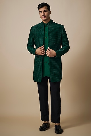 Green Lucknowi Thread Embroidered Indowestern Set by Nero By Shaifali & Satya