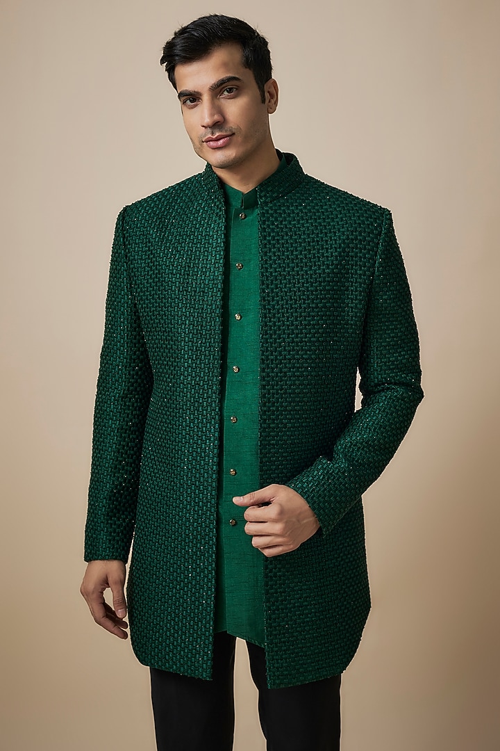 Green Lucknowi Thread Embroidered Wedding Indowestern Set by Nero By Shaifali & Satya at Pernia's Pop Up Shop
