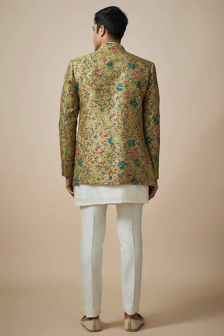 Green Silk Floral Printed Wedding Indowestern Set by Nero By Shaifali & Satya at Pernia's Pop Up Shop