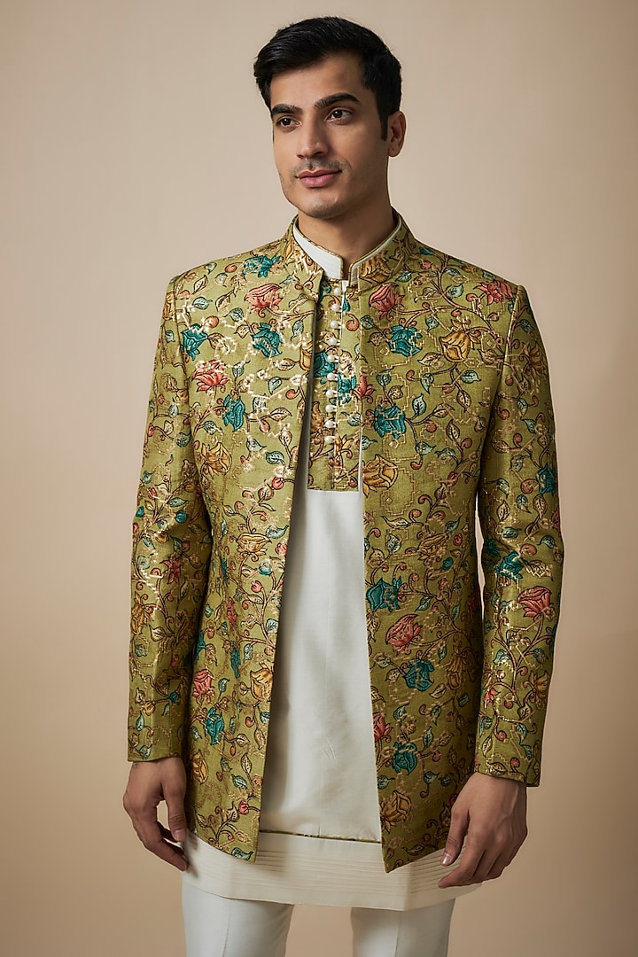 Green Silk Floral Printed Wedding Indowestern Set by Nero By Shaifali & Satya at Pernia's Pop Up Shop