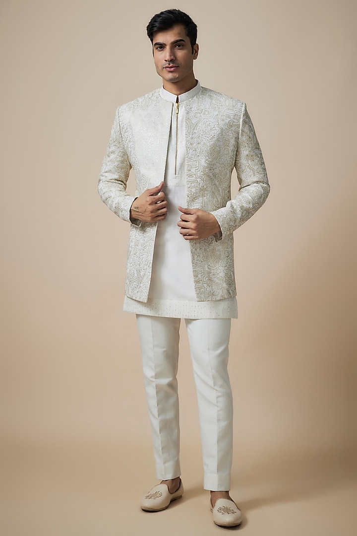 White Silk Threadwork Indowestern Set by Nero By Shaifali & Satya at Pernia's Pop Up Shop