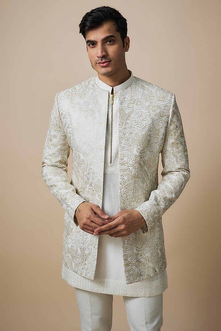 White Silk Threadwork Wedding Indowestern Set by Nero By Shaifali & Satya at Pernia's Pop Up Shop