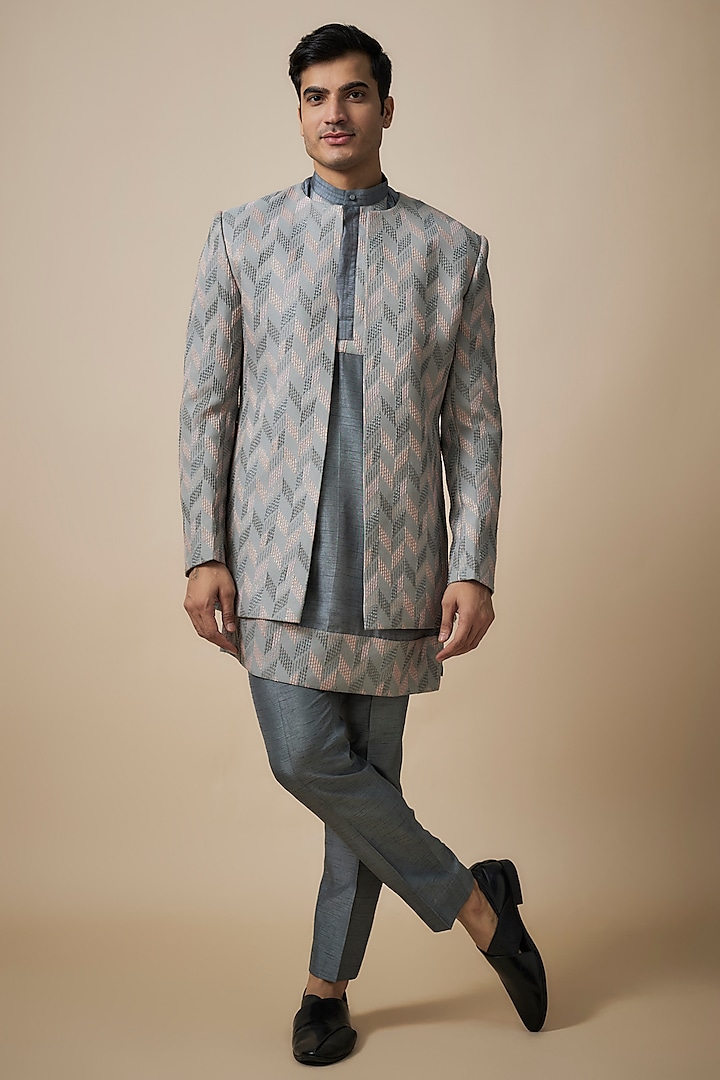 Grey Silk Machine Embroidered Indowestern Set by Nero By Shaifali & Satya at Pernia's Pop Up Shop