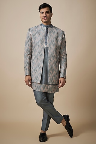 Grey Silk Machine Embroidered Indowestern Set by Nero By Shaifali & Satya