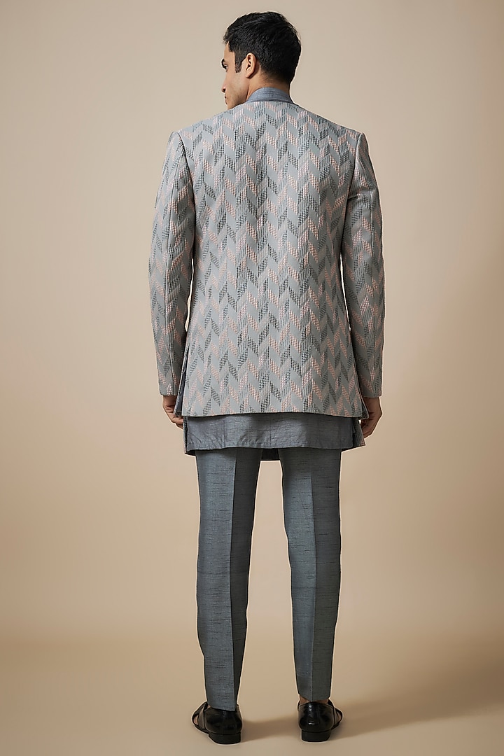Grey Silk Machine Embroidered Wedding Indowestern Set by Nero By Shaifali & Satya at Pernia's Pop Up Shop