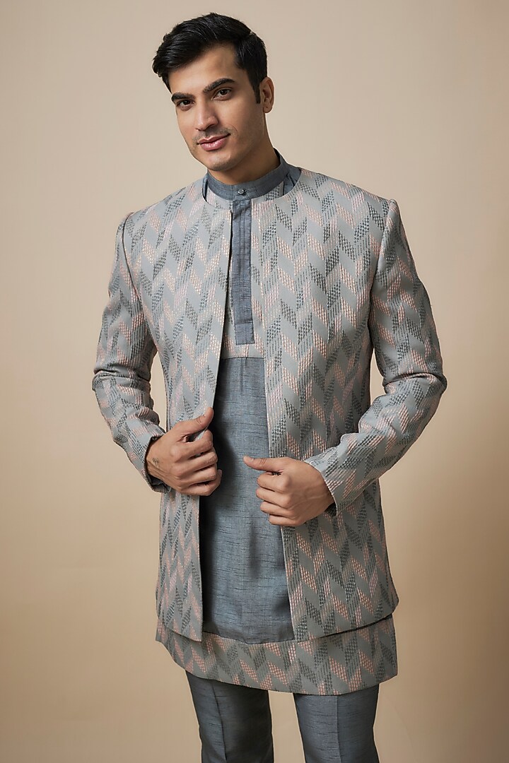 Grey Silk Machine Embroidered Wedding Indowestern Set by Nero By Shaifali & Satya at Pernia's Pop Up Shop