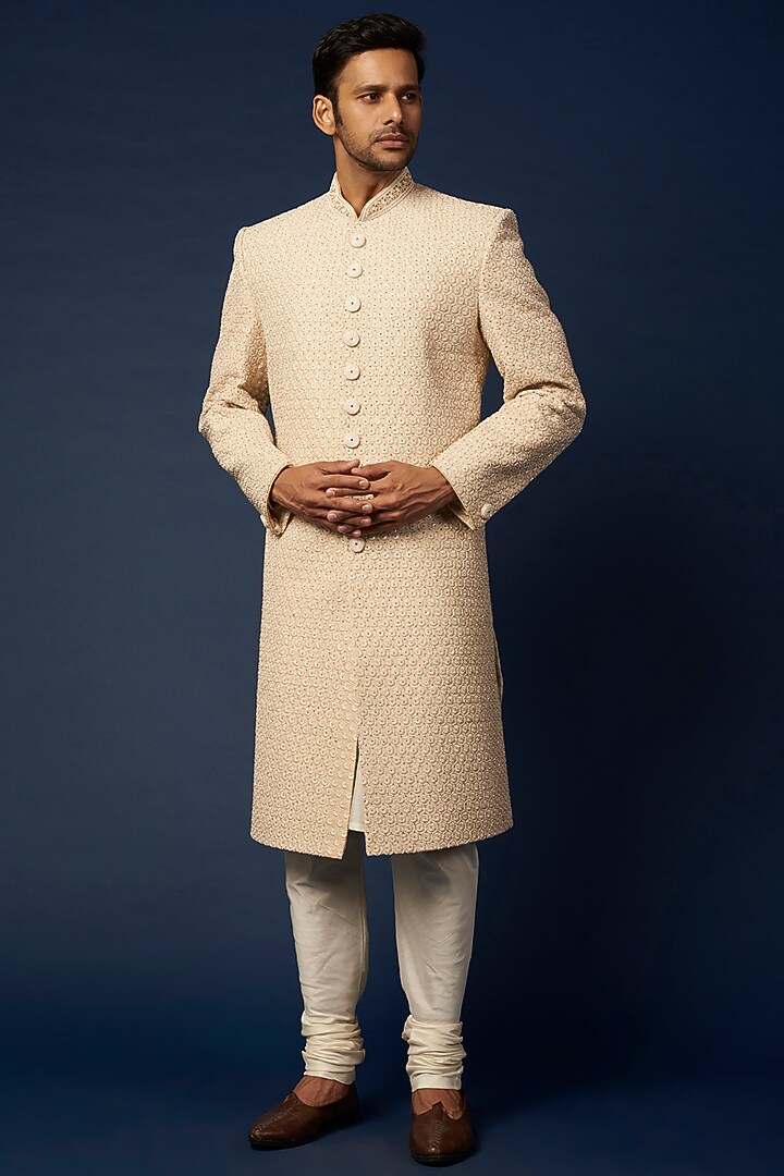 Beige Dupion Silk Hand & Machine Embroidered Groom Sherwani Set by Nero by Shaifali & Satya at Pernia's Pop Up Shop