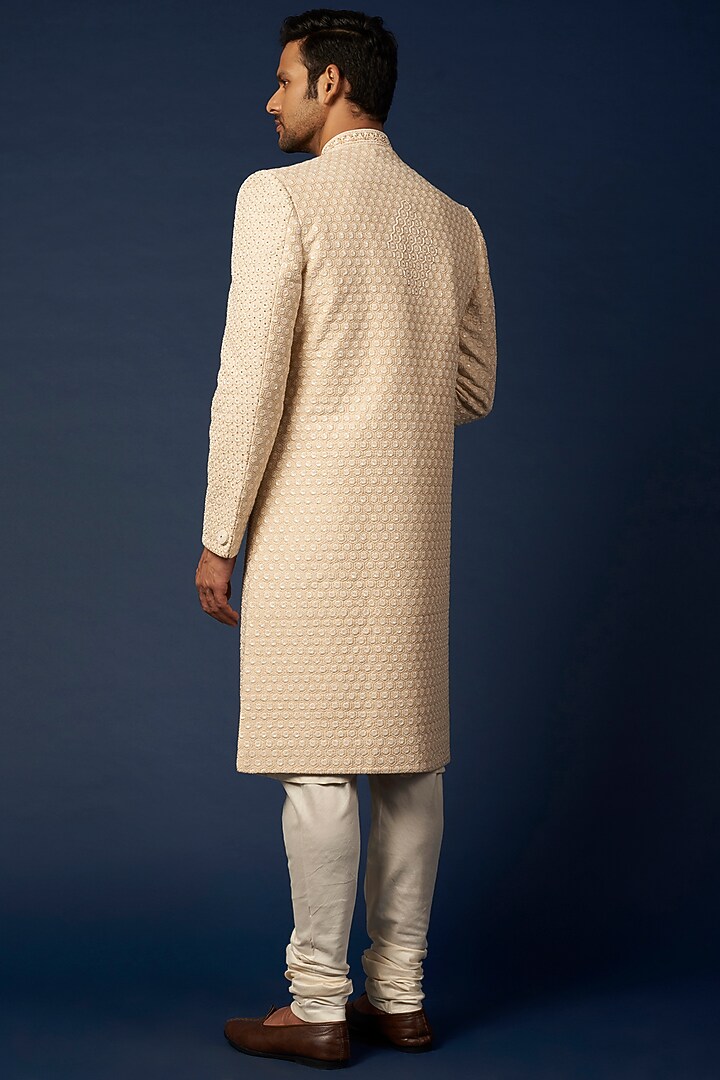 Beige Dupion Silk Hand & Machine Embroidered Groom Sherwani Set by Nero by Shaifali & Satya at Pernia's Pop Up Shop