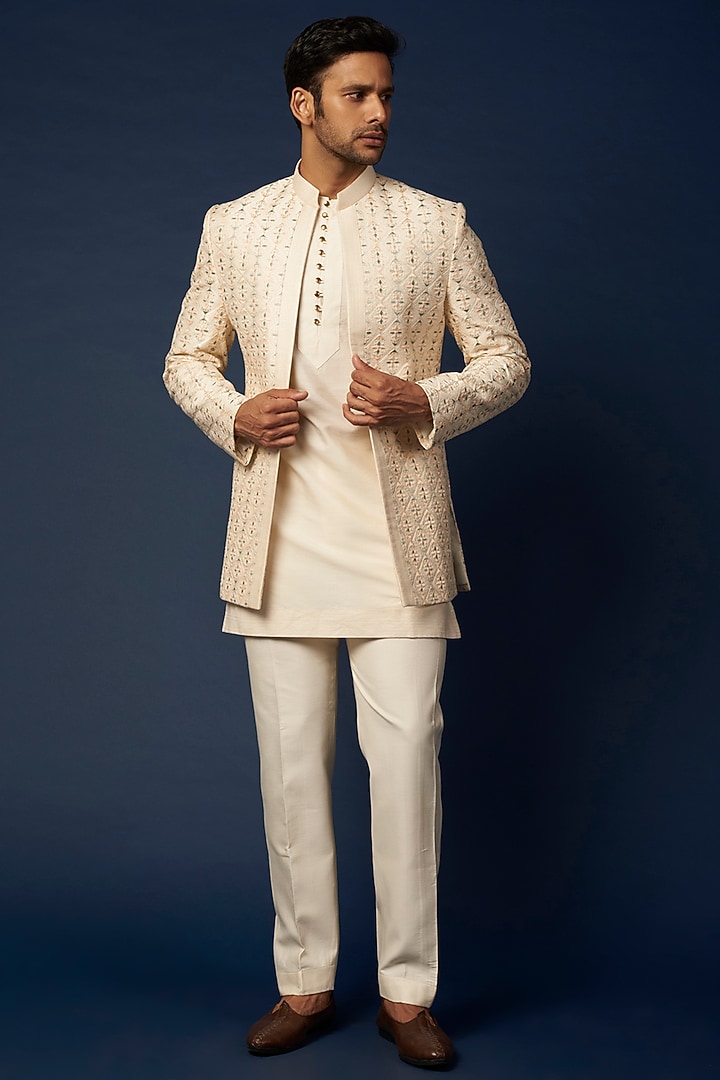 Ivory Embroidered Wedding Indowestern Set by Nero by Shaifali & Satya at Pernia's Pop Up Shop