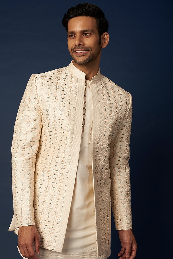 Ivory Embroidered Wedding Indowestern Set by Nero by Shaifali & Satya at Pernia's Pop Up Shop