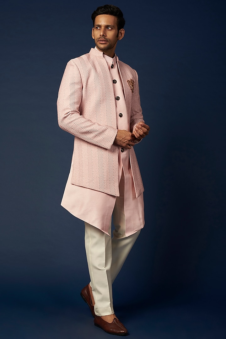 Blush Pink Jacquard Indowestern Set by Nero by Shaifali & Satya