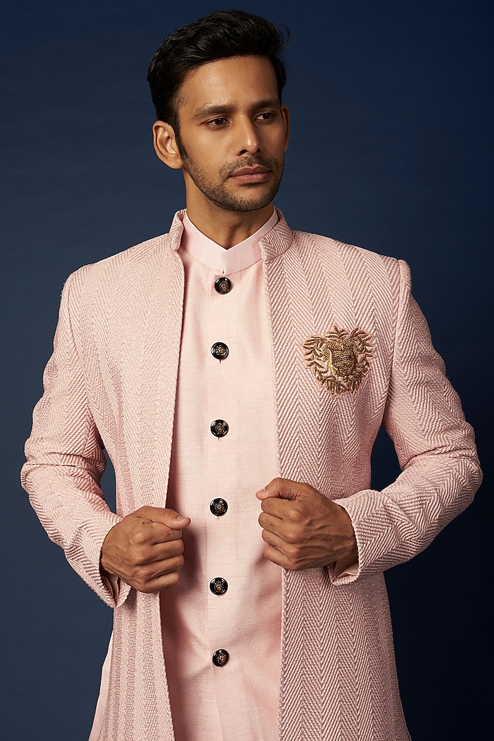 Blush Pink Jacquard Wedding Indowestern Set by Nero by Shaifali & Satya at Pernia's Pop Up Shop