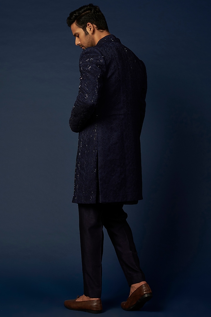 Navy Blue Jacquard Wedding Indowestern Set by Nero by Shaifali & Satya at Pernia's Pop Up Shop