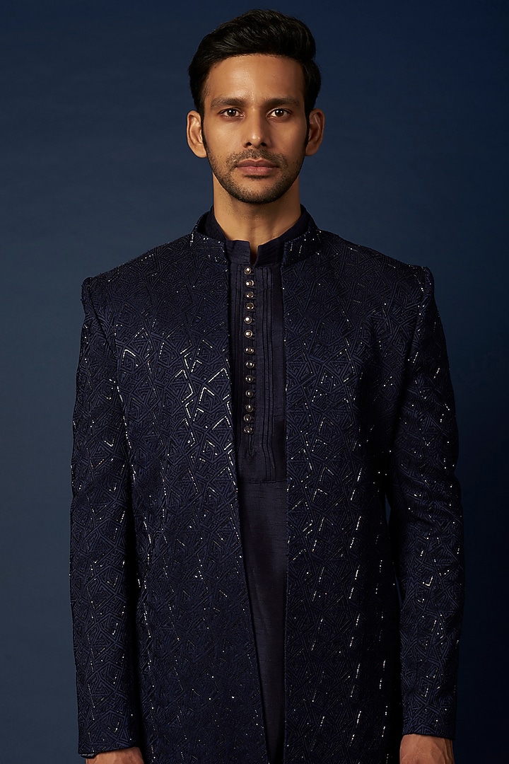 Navy Blue Jacquard Wedding Indowestern Set by Nero by Shaifali & Satya at Pernia's Pop Up Shop