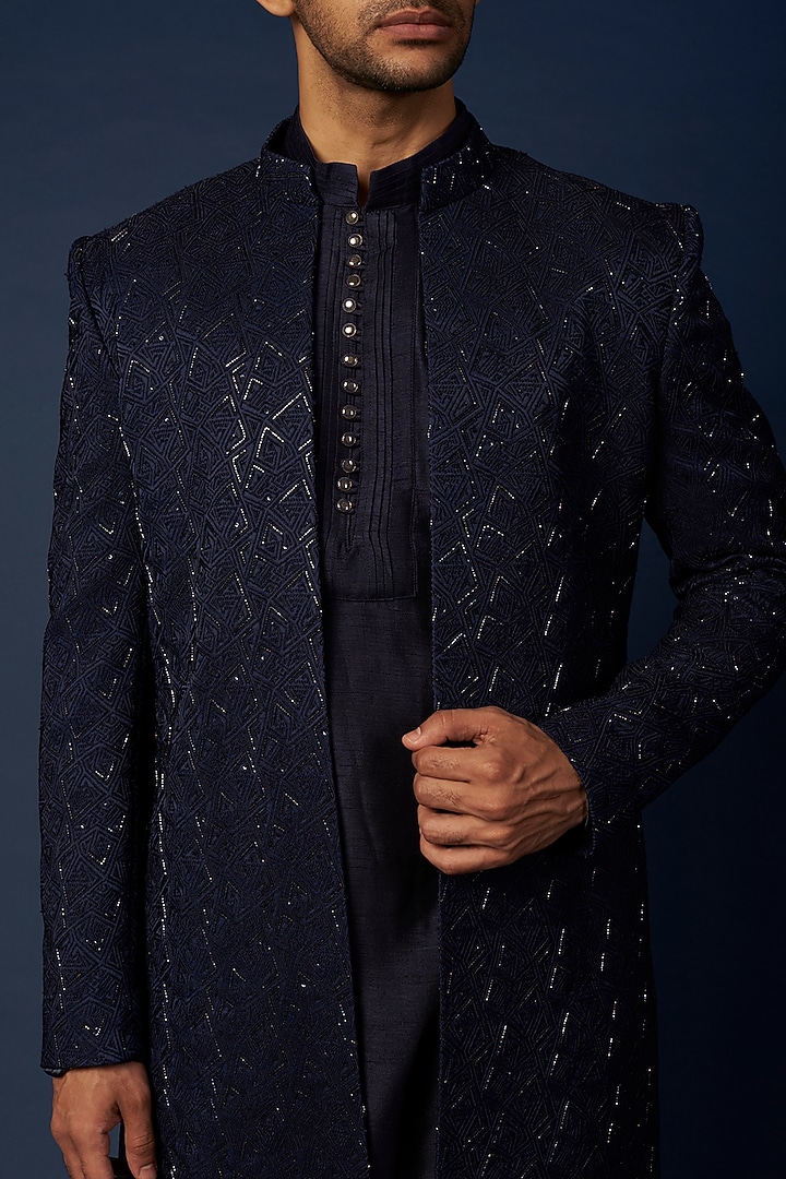 Navy Blue Jacquard Wedding Indowestern Set by Nero by Shaifali & Satya at Pernia's Pop Up Shop