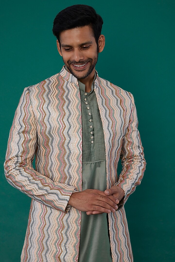 Beige Embroidered Wedding Indowestern Set by Nero by Shaifali & Satya at Pernia's Pop Up Shop